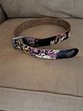 Ed Hardy Y2K Chtistian Audiguer Tiger Print  Leather Belt - Pink Yellow Black L